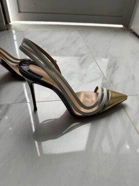 Authentic Christian Louboutin Pointed Slingback Heels in Gold and Gray